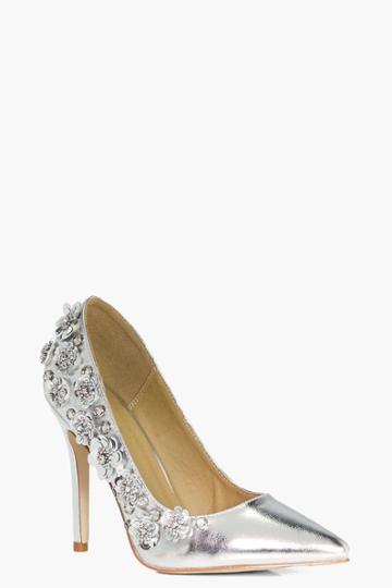 Boohoo Maya Metallic Flower Embellished Court Shoe Silver