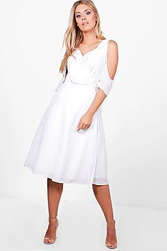 Boohoo Plus Lydia Chiffon Frill Cold Shoulder Midi Dress