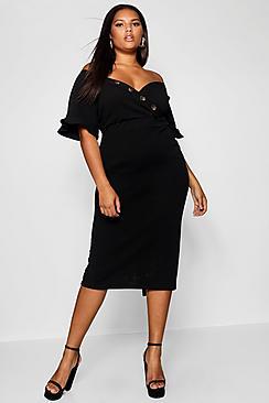 Boohoo Plus Horn Button Off The Shoulder Wrap Midi Dress