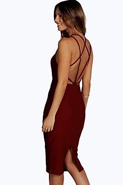 Boohoo Patsy Crepe Strappy Back Midi Bodycon Dress