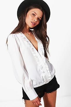 Boohoo Eliza Rufle Collar Plunge Shirt
