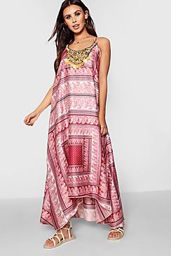Boohoo Petite Dani Scarf Print Beaded Hanky Hem Dress