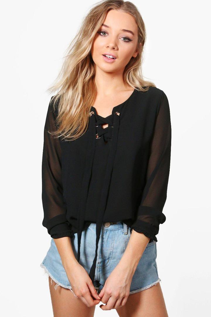 Boohoo Mila Lace Up Long Sleeve Blouse Black