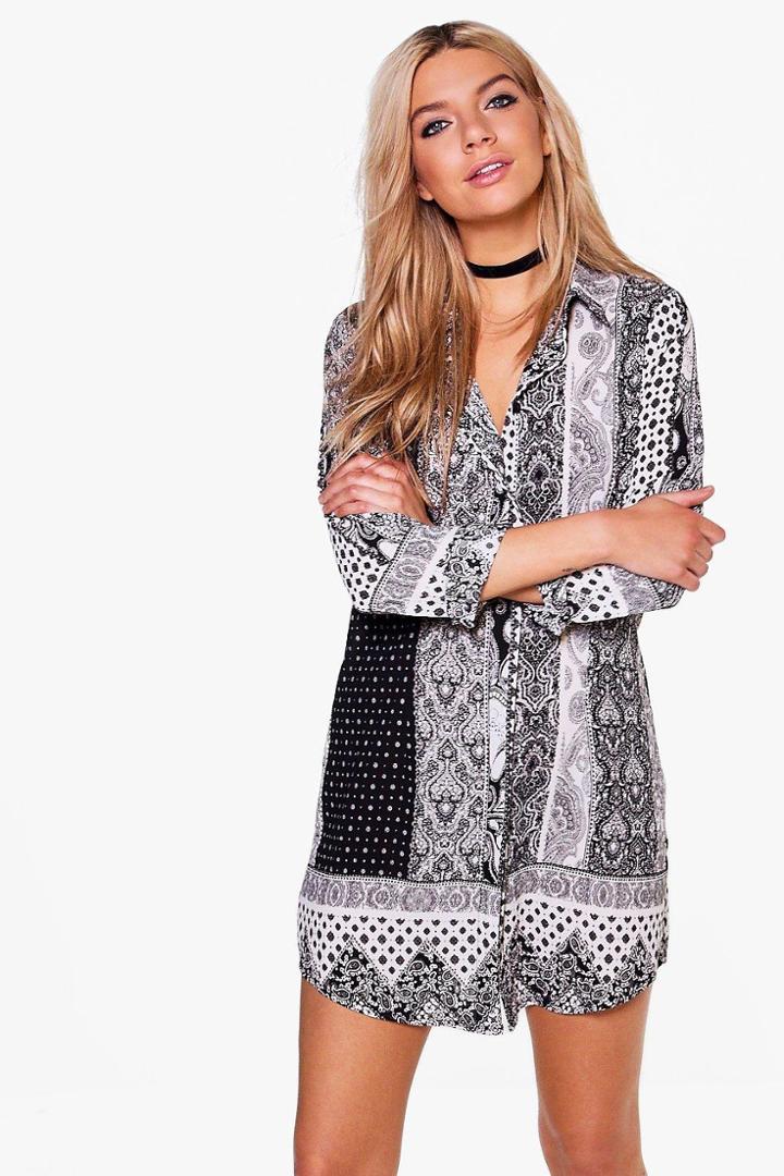 Boohoo Astley Monochrome Paisley Shirt Dress White