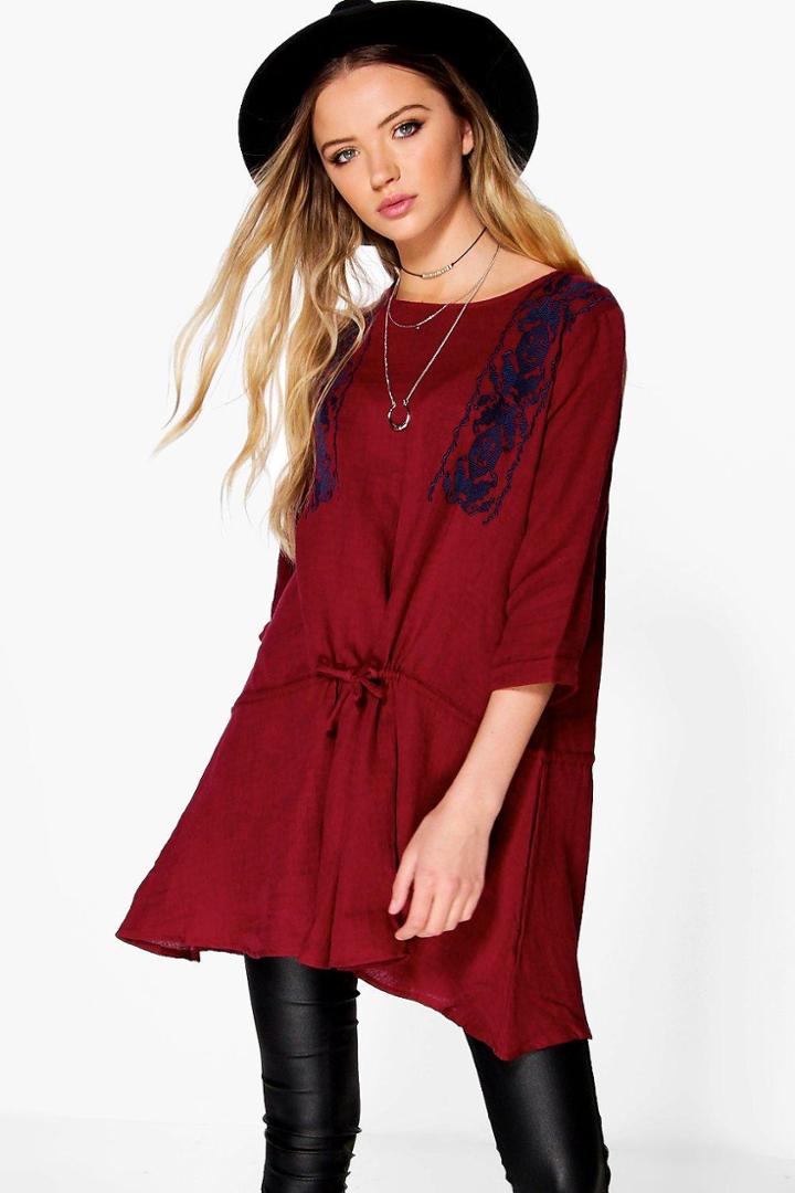 Boohoo Eleanor Embroidered Chest Smock Top Wine