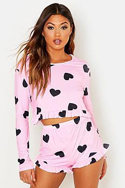 Boohoo Heart Print Frill Short Set