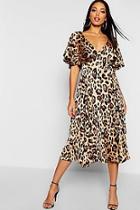 Boohoo Leopard Matte Satin Ruffle Angel Sleeve Midi Dress