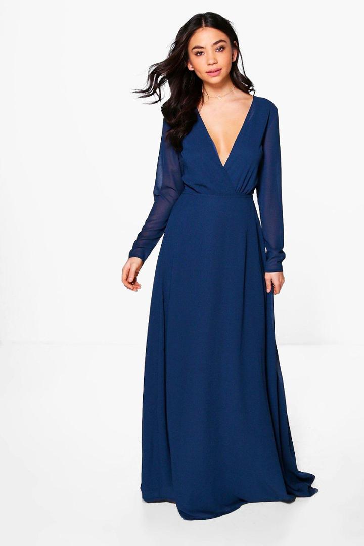 Boohoo Dora Chiffon Long Sleeved Wrap Maxi Dress Navy