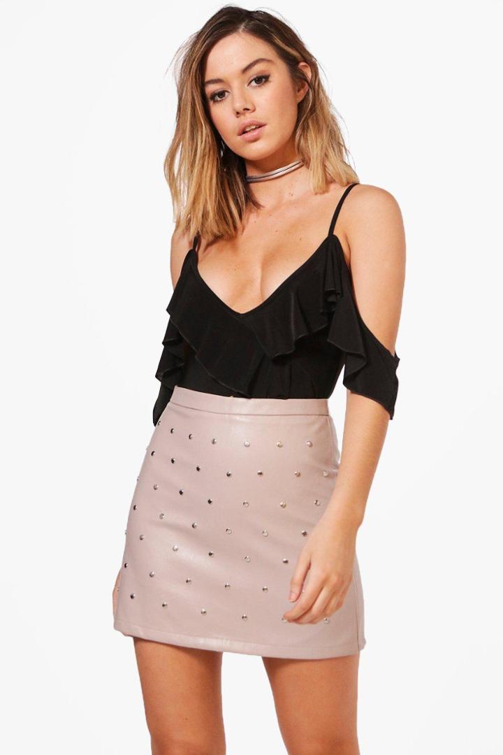 Boohoo Petite Rose Pu Studded Mini Skirt Taupe