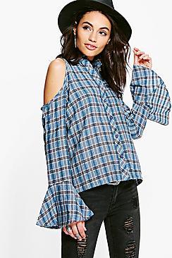 Boohoo Annabel Flare Sleeve Cold Shoulder Check Shirt