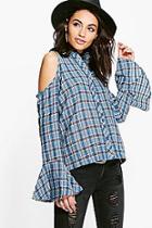 Boohoo Annabel Flare Sleeve Cold Shoulder Check Shirt