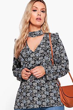 Boohoo Plus Fiona Floral Print Choker Blouse