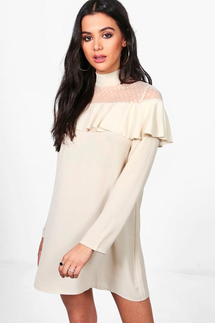 Boohoo Charlotte Mesh Insert Ruffle Shift Dress Stone