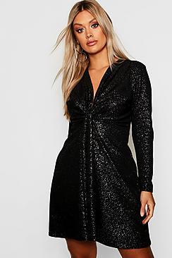 Boohoo Plus Plunge Glitter Skater Dress