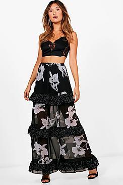 Boohoo Sage Monochrome Mix Print Ruffle Maxi Skirt