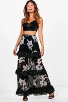 Boohoo Sage Monochrome Mix Print Ruffle Maxi Skirt
