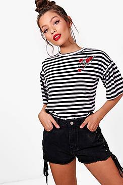 Boohoo Riley Striped Embroidered T-shirt