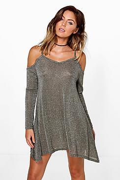 Boohoo Natasha Cold Shoulder Metallic Knit Swing Dress