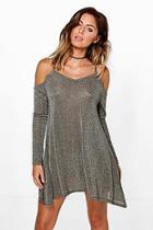 Boohoo Natasha Cold Shoulder Metallic Knit Swing Dress