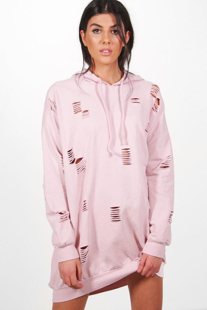 Boohoo Sally Distressed Hooded Sweat Dress Blush