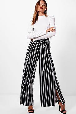 Boohoo Talia Woven Wrap Stripe & Tie Wide Leg Trouser
