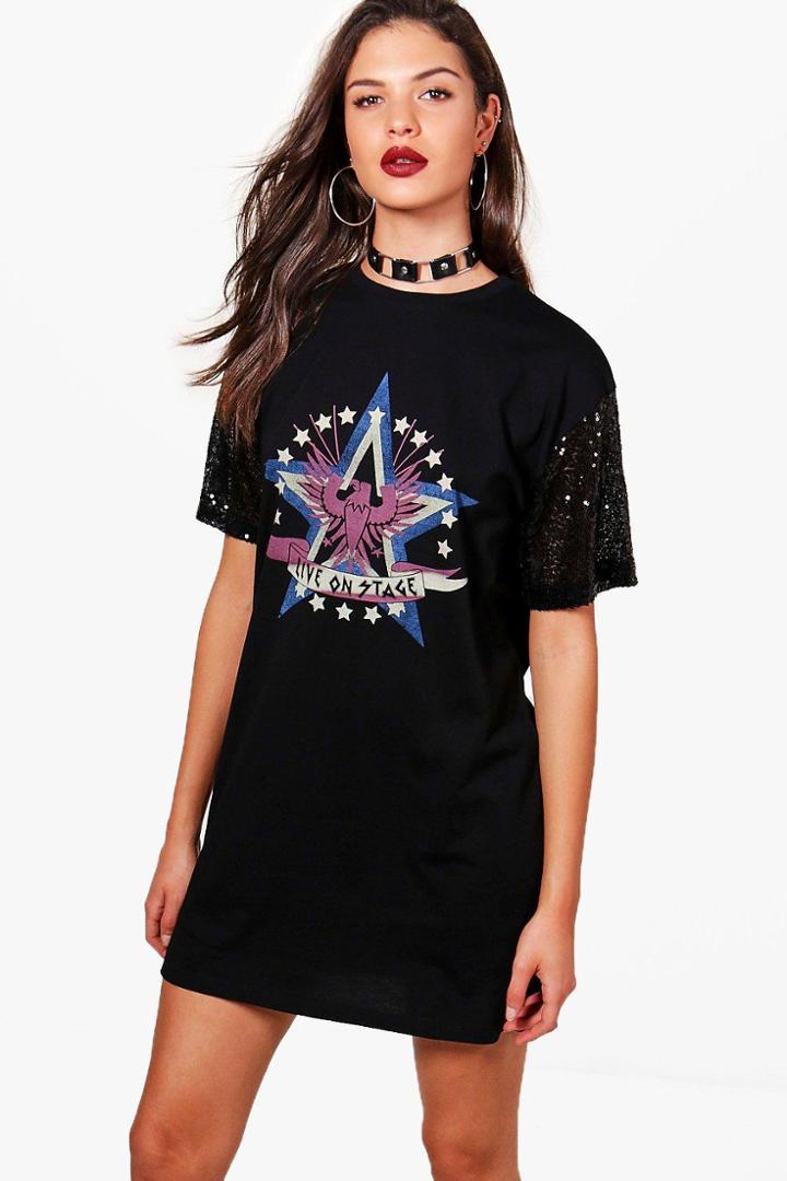 Boohoo Talia Sequin Sleeve Printed T-shirt Dress Black