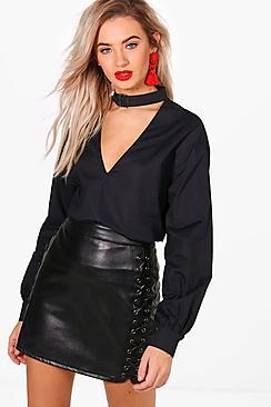 Boohoo Buckle Choker Full Sleeve Blouse