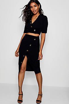 Boohoo Horn Button Asymmetric Midi Skirt Co-ord