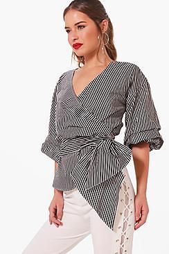 Boohoo Petite Nelly Volume Sleeve Striped Wrap Blouse