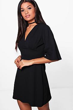 Boohoo Elin Pleat Top Kimono Sleeve Skater Dress