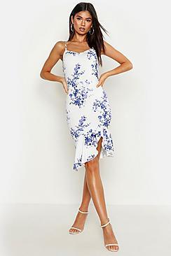 Boohoo Recycled Blue Floral Strappy Frill Front Dress