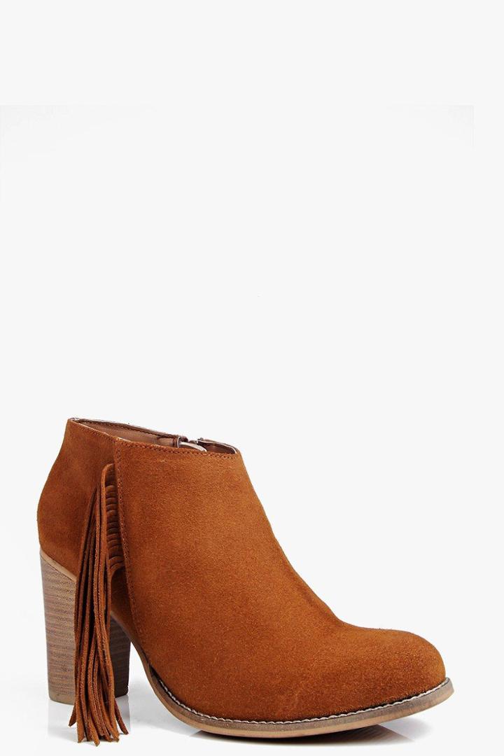 Boohoo Boutique Leah Fringe Trim Suede Ankle Boot Tan