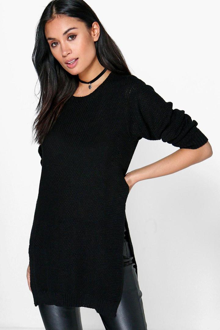 Boohoo Emily Side Split Moss Stitch Tunic Jumper Black