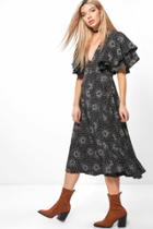 Boohoo Emma Star Print Ruffle Midaxi Dress Black
