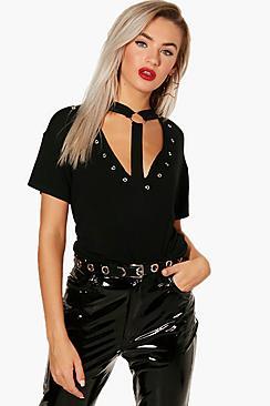Boohoo Metal Ring Stud Choker Tee