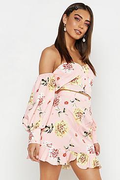Boohoo Woven Floral Print Button Through Frill Hem Skirt
