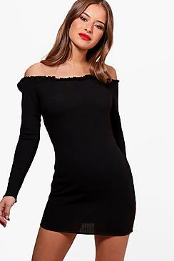 Boohoo Petite Laura Rib Knit Bardot Dress
