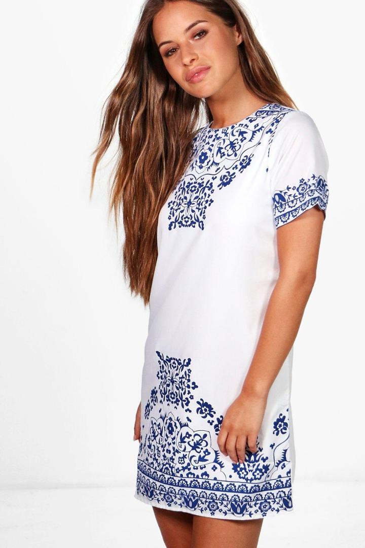 Boohoo Petite Lola Placement Printed Cap Sleeve Shift Dress Multi