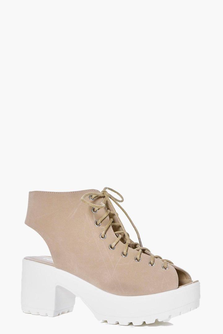 Boohoo Lena Peeptoe Lace Up Cleated Shoe Boot Nude