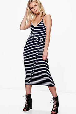 Boohoo Polly Stripe Ring Belted Detail Midi Dress