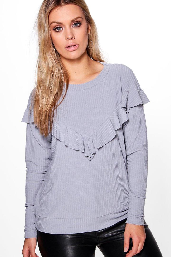 Boohoo Plus Shannon Ruffle Detail Knitted Rib Top Grey
