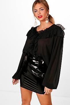 Boohoo Carly Sheer Ruffle Balloon Sleeve Top