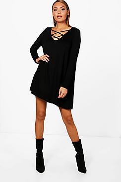 Boohoo Nat Cross Front Long Sleeve Swing Dress