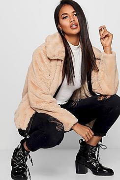 Boohoo Faux Leather Trim Faux Fur Coat