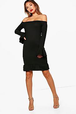Boohoo Ruffle Hem & Sleeve Bardot Bodycon Dress