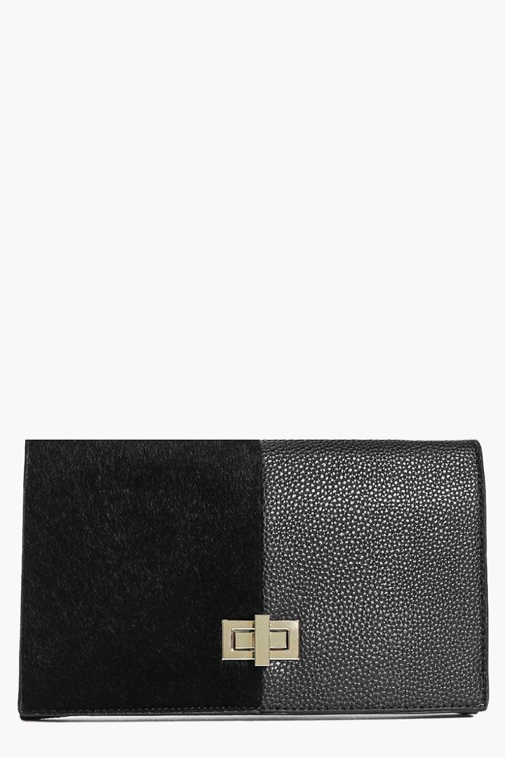 Boohoo Mya Turn Look Faux Pony Mixed Texture Clutch Black