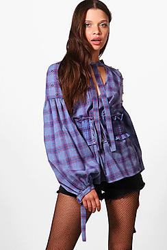 Boohoo Erin Check Stud Shoulder Corset Waist Top