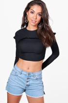 Boohoo Elena Long Sleeve Ruffle Crop Black