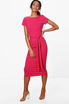 Boohoo Eva Pleat Front Belted Tailored Midi Dress