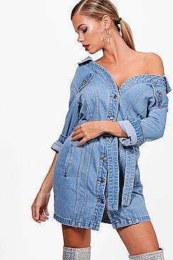 Boohoo Lena Off The Shoulder Denim Shirt Dress